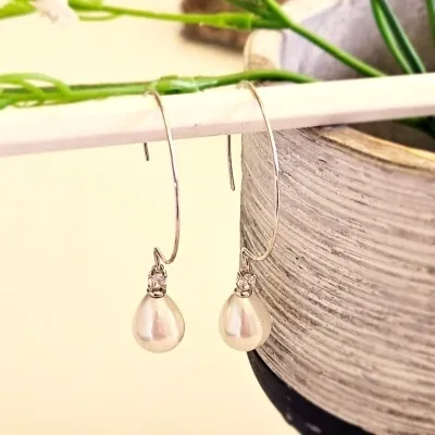 brinco ródio meia argola anzol com gota pérola