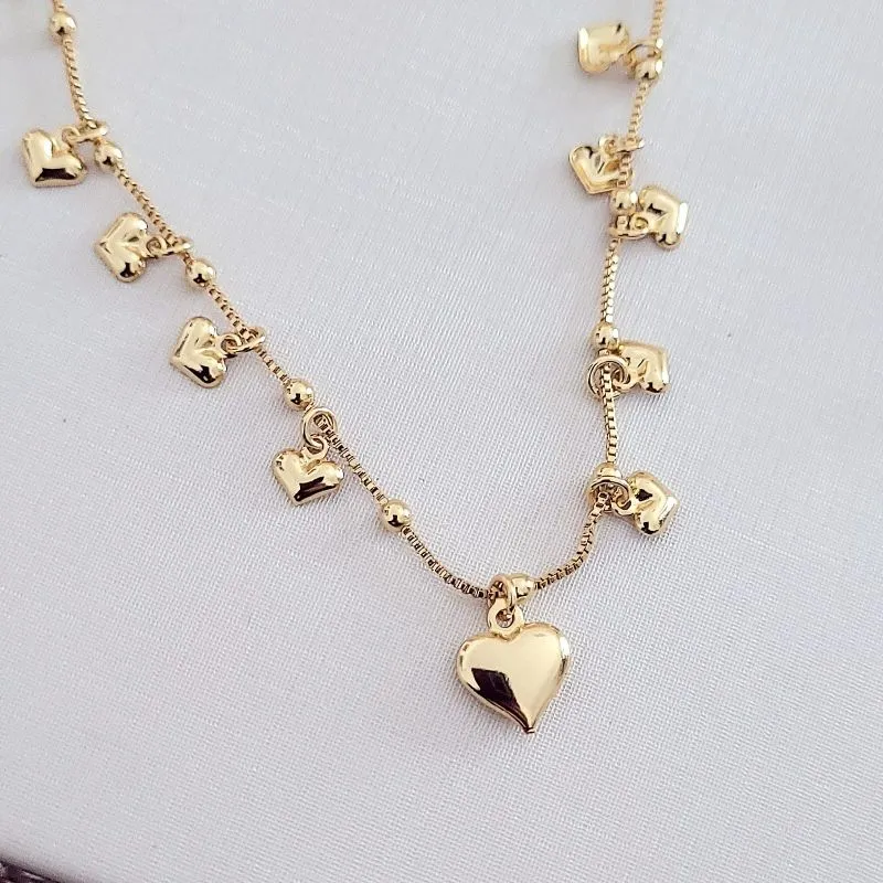 colar ouro chocker corações gordinhos lisos e bolinhas lisas