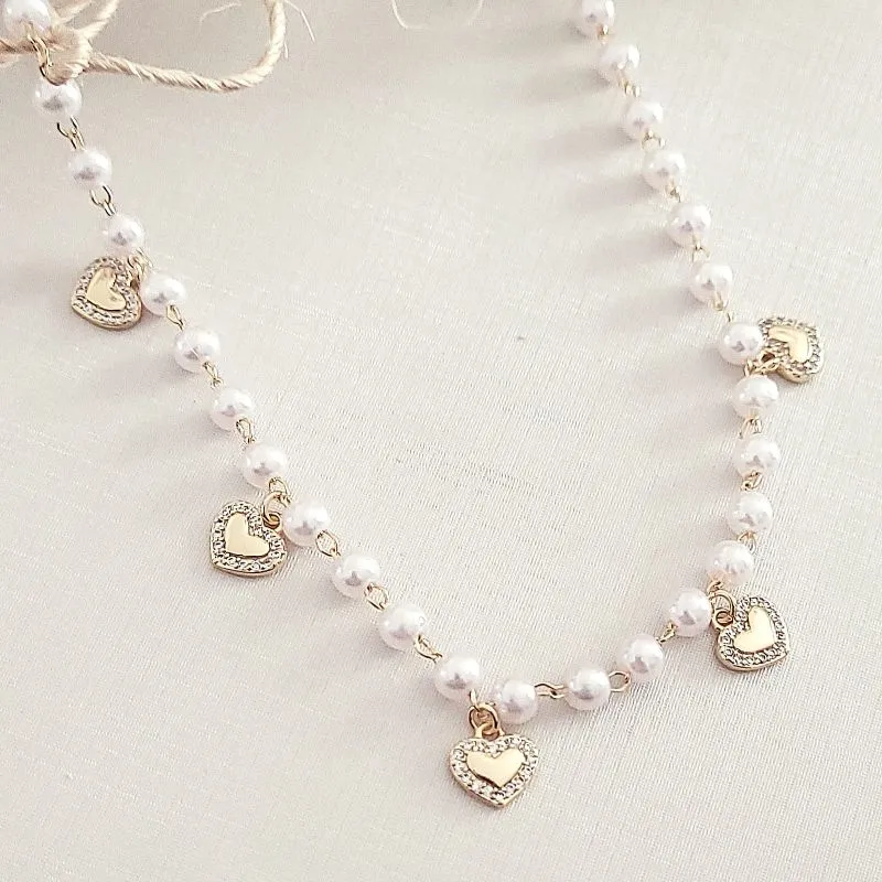 colar ouro choker coração cravejado e perolas