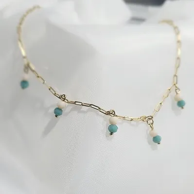 colar ouro choker corrente cartier 5 pendurados de bolinha branca e azul brilho