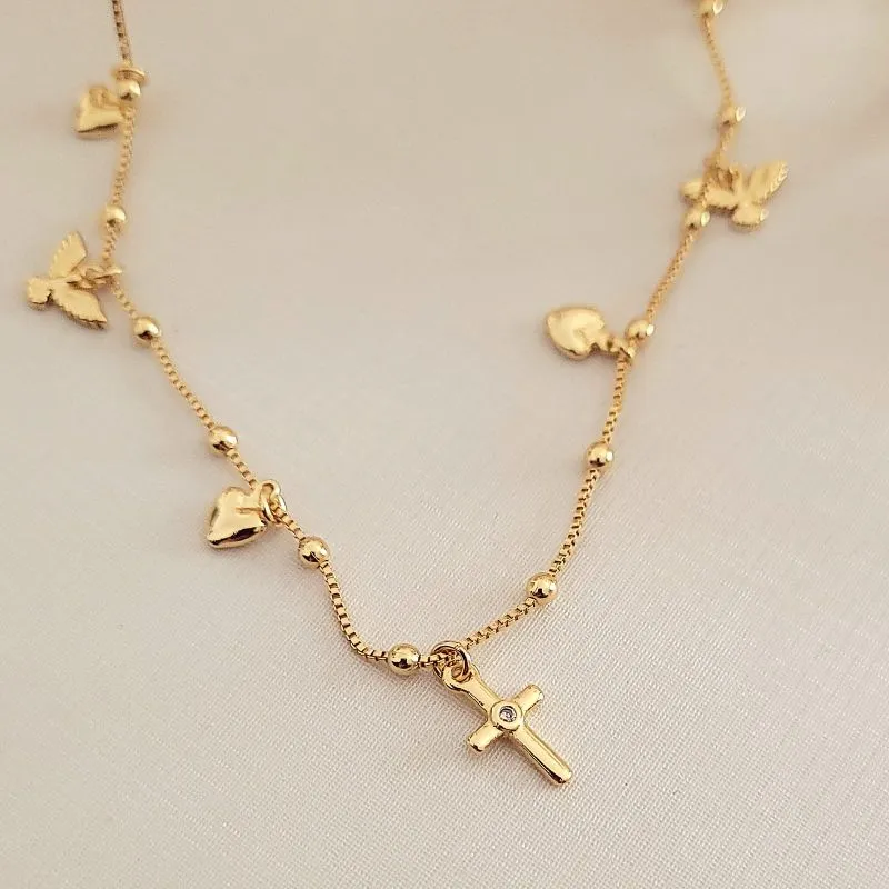 colar ouro choker cruz coração e espirito santo com bolinhas lisas