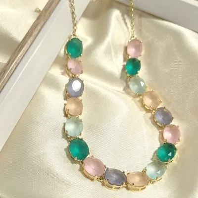 colar ouro choker dezessete cristais ovais color