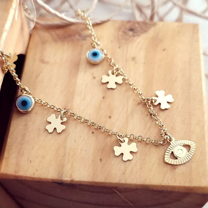 colar ouro choker olho grego e trevo da sorte