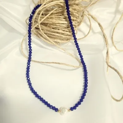 colar ouro choker todo cristais azul escuro com meio 1 perola