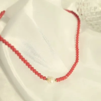 colar ouro choker todo cristais vermelho com meio 1 perola