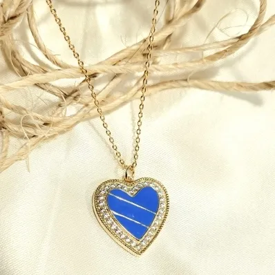 colar ouro coração esmaltado azul com volta zircônias