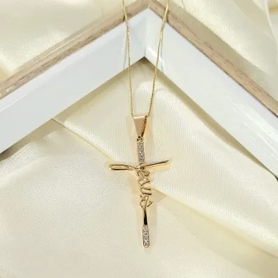 colar ouro escrita jesus com zirconias nas duas pontas