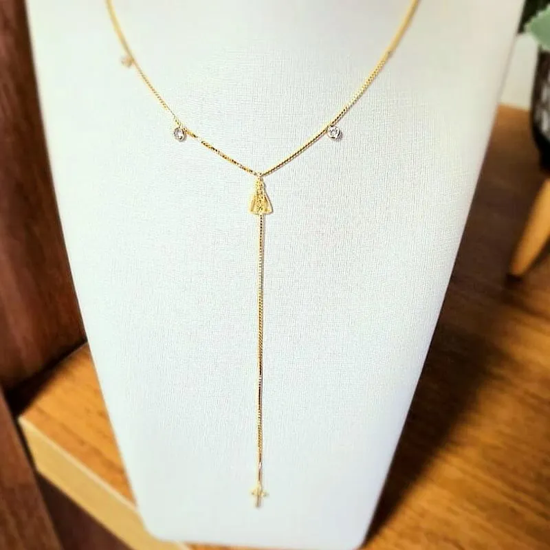 colar ouro gravata zirconia e santa na ponta