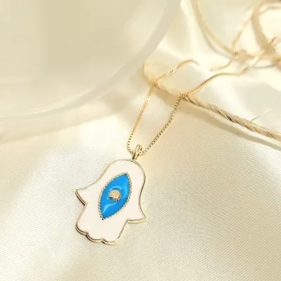 colar ouro mão de fatima esmaltado branco com olho grego azul