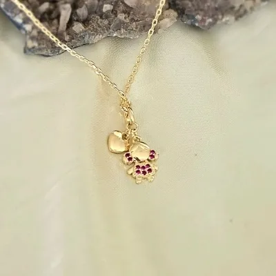 colar ouro menina roupa e chiquinha zirconias rosa e coraçao liso pequeno pendurado