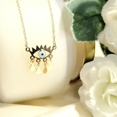 colar ouro olho grego com gotas lisas penduradas