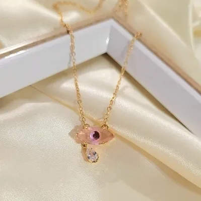 colar ouro olho grego cristal rosa com gotinha pendurada