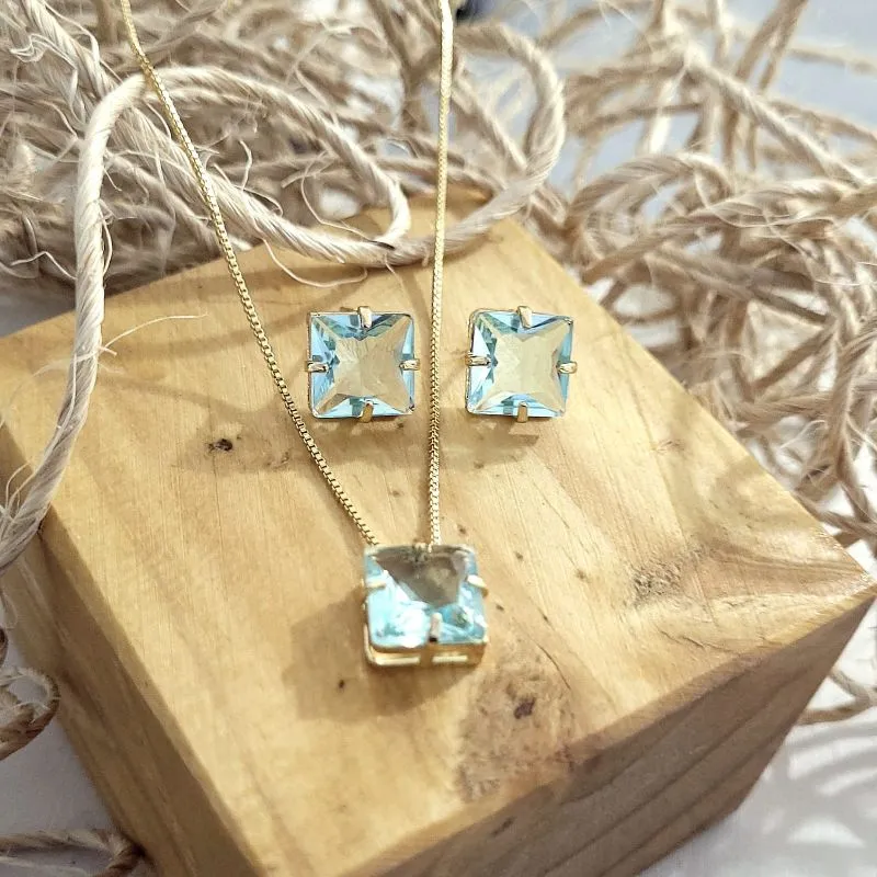 conjunto ouro ponto de luz quadrado grande azul claro