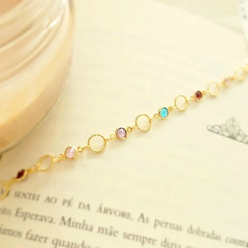 pulseira ouro circulos e pedras colors intercaladas