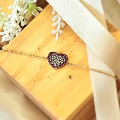pulseira ouro coração cravejado rosa