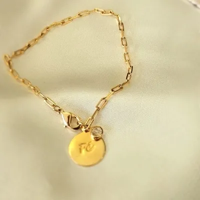 pulseira ouro corrente com mandala escrita Fé