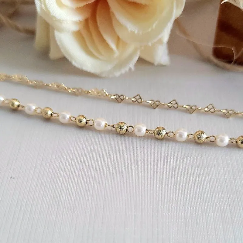 pulseira ouro dupla perola bolas trabalhadas e corações