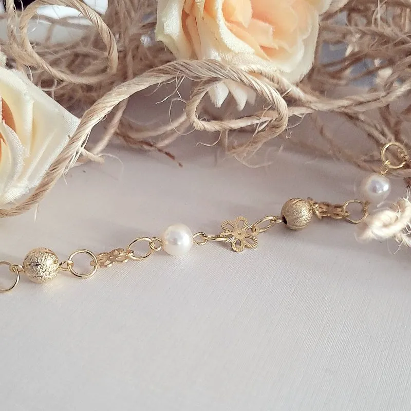 pulseira ouro flor perola e bolas trabalhadas intercaladas