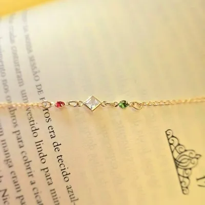 pulseira ouro losango cristal com 2 pontos zircônias color