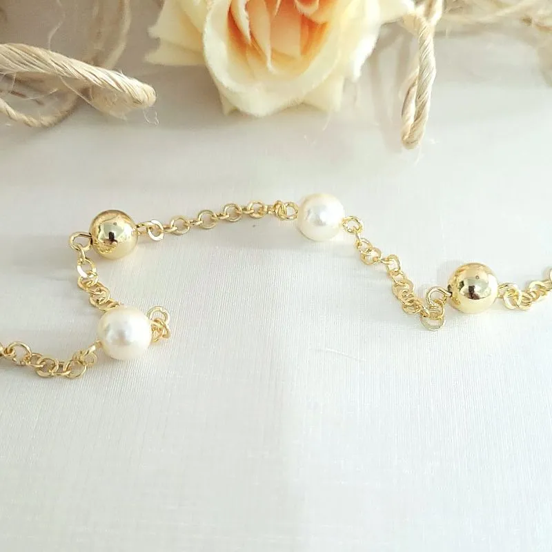 pulseira ouro perola e bolas lisas intercaladas