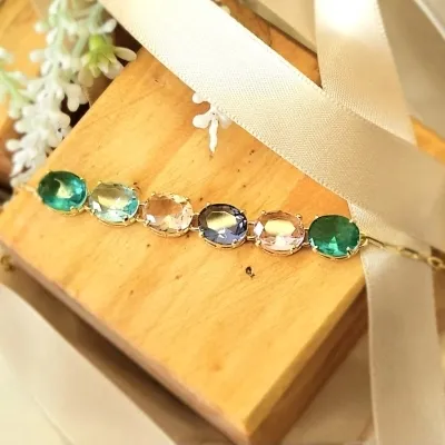 pulseira ouro seis cristais ovais color