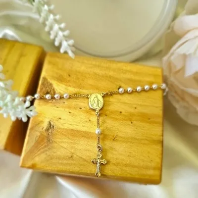 pulseira ouro terço perolas nossa senhora milagrosa