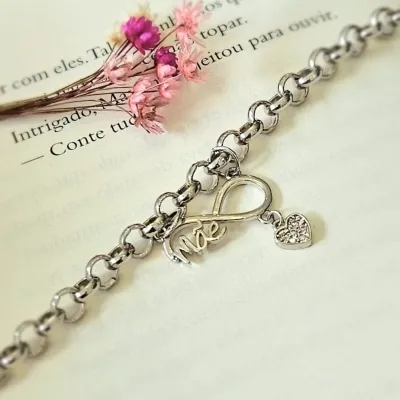 pulseira rodio elos com pingente infinito mãe com coração zircônias pendurado