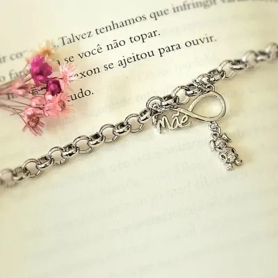 pulseira rodio elos com pingente infinito mãe com menina zircônias pendurado