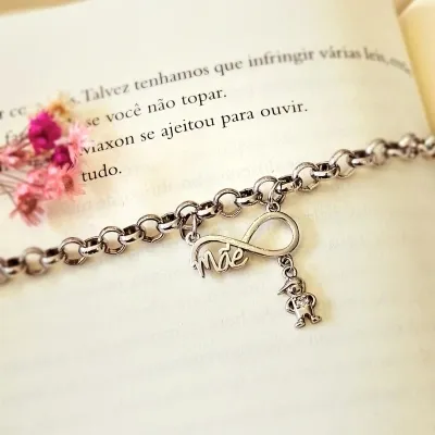 pulseira rodio elos com pingente infinito mãe com menino zircônias pendurado