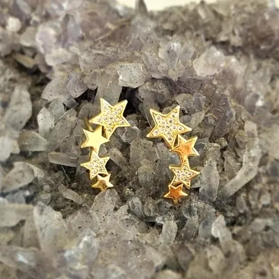 brinco ouro ear cuff 3 estrelas intercaladas lisa e zircônias