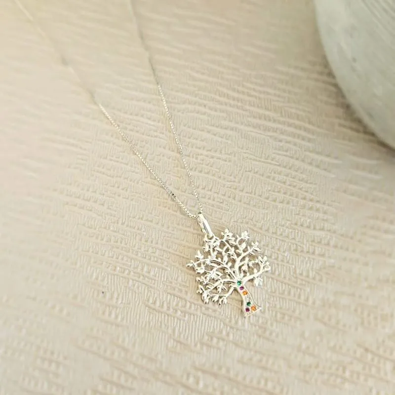 colar prata arvore da vida com pedras colors no tronco