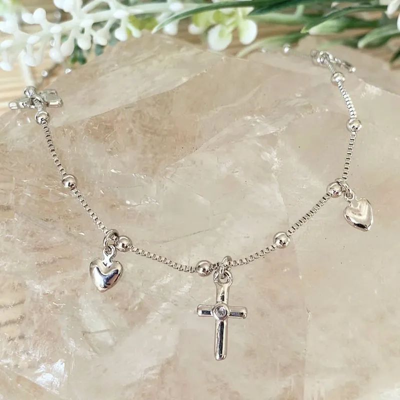 colar rodio choker cruz coração e espirito santo com bolinhas lisas