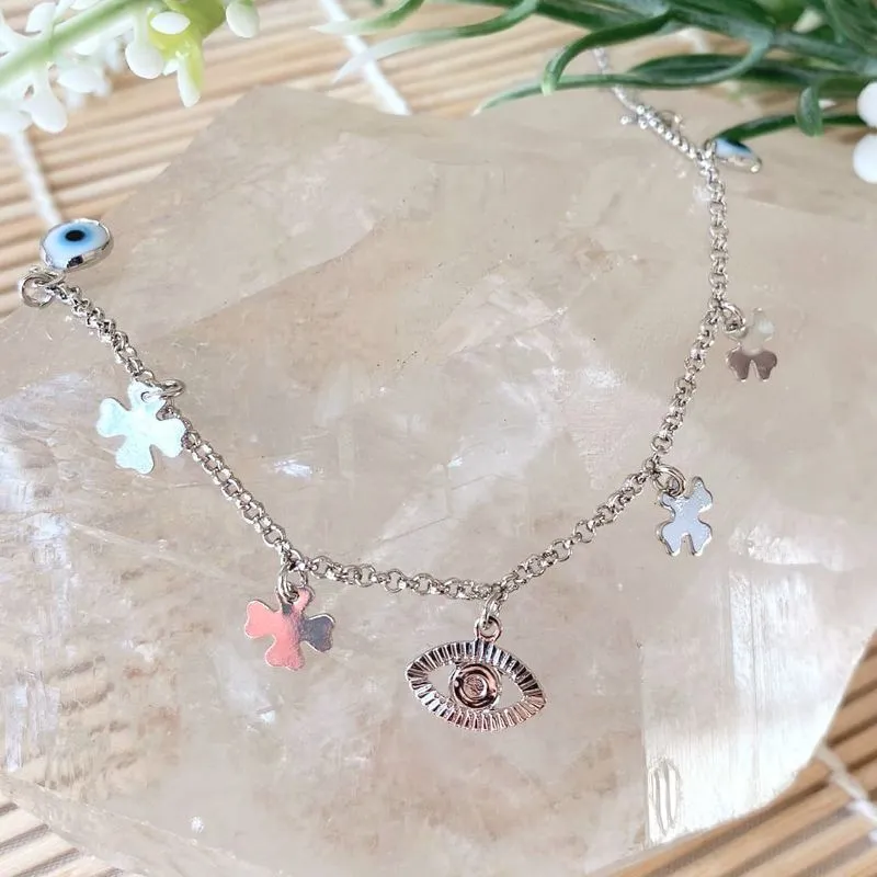 colar rodio choker olho grego e trevo da sorte