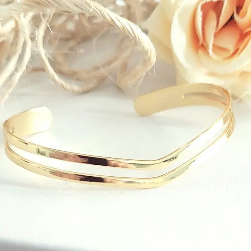pulseira ouro bracelete duplo chapado liso em V