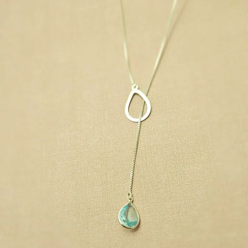 colar prata gravata gota lisa vazada e gota azul claro