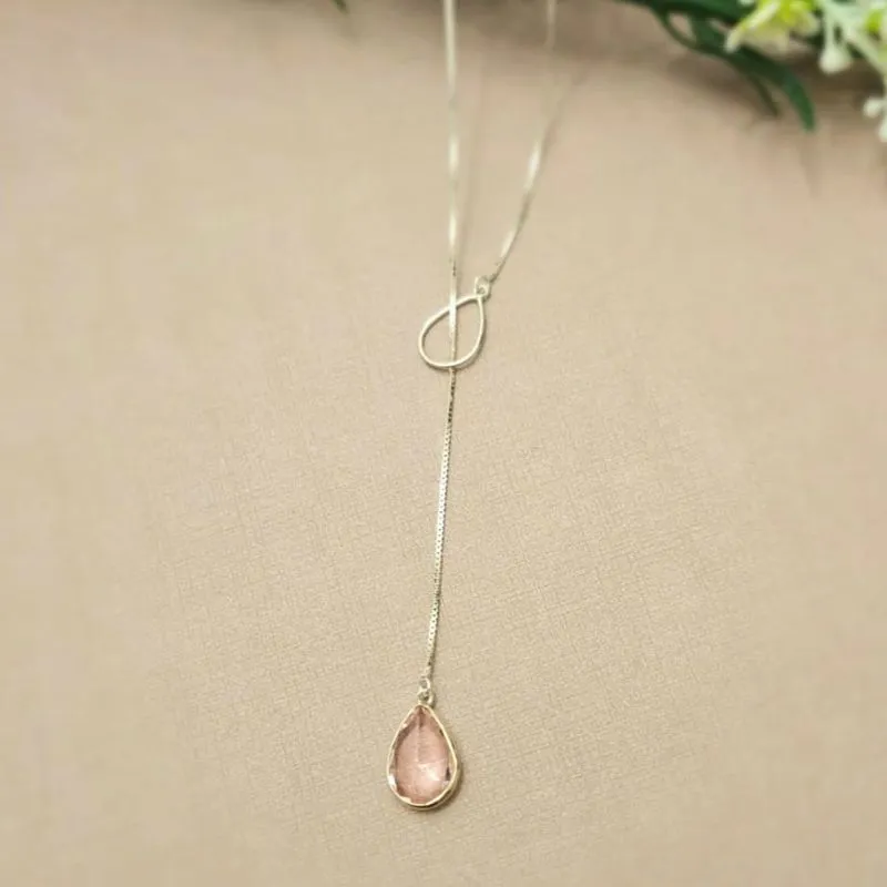 colar prata gravata gota lisa vazada e gota grande rosa claro