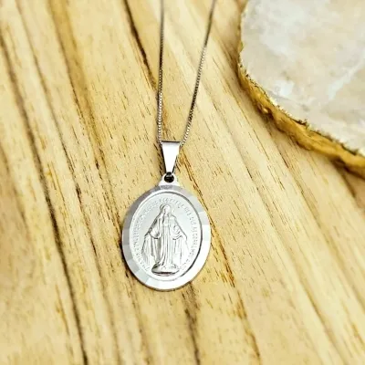 colar prata medalha oval nossa senhora das gracas