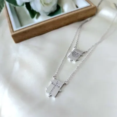 colar rodio escapulario coracao e cruz com zirconia