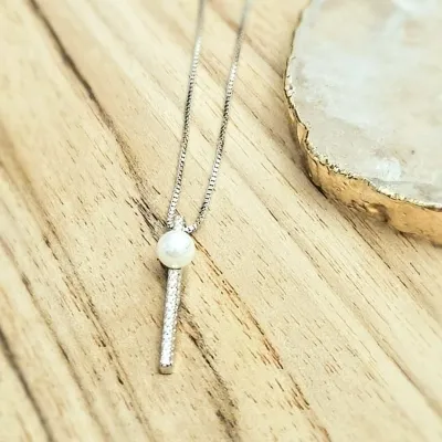 colar ródio palito zircônias com pérola
