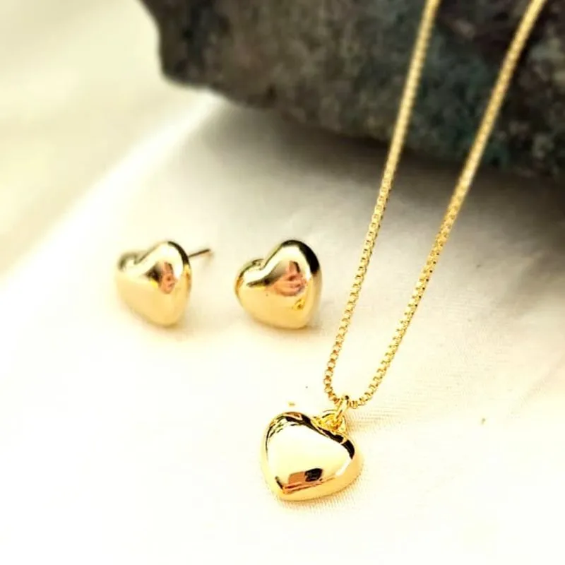 conjunto ouro coração abaulado liso