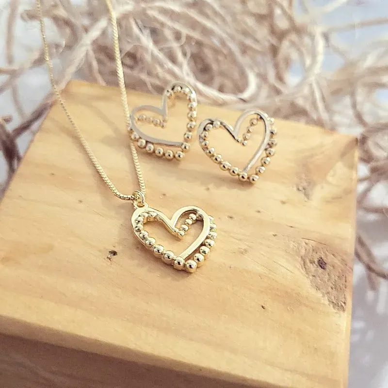 conjunto ouro coração liso e coração bolinha vazado