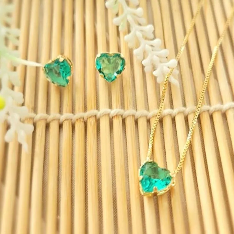 conjunto ouro coração verde