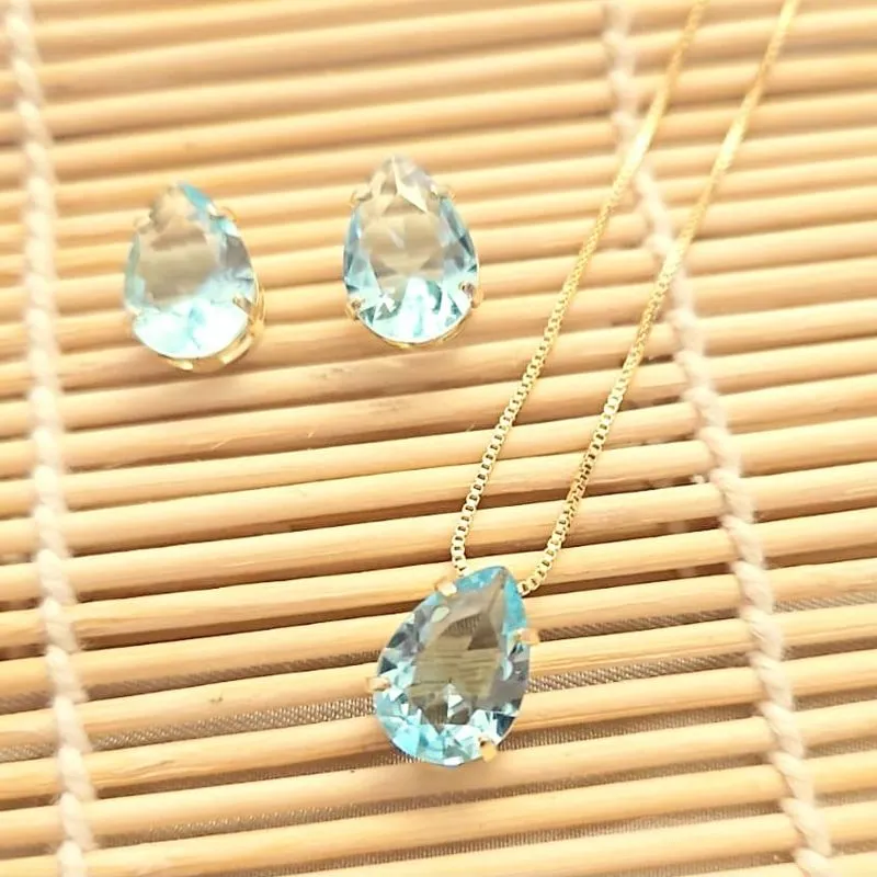 conjunto ouro gota grande azul claro