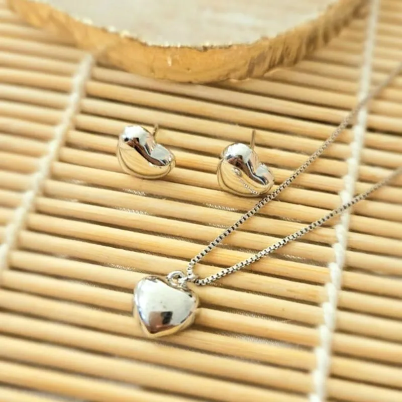 conjunto rodio coração abaulado liso