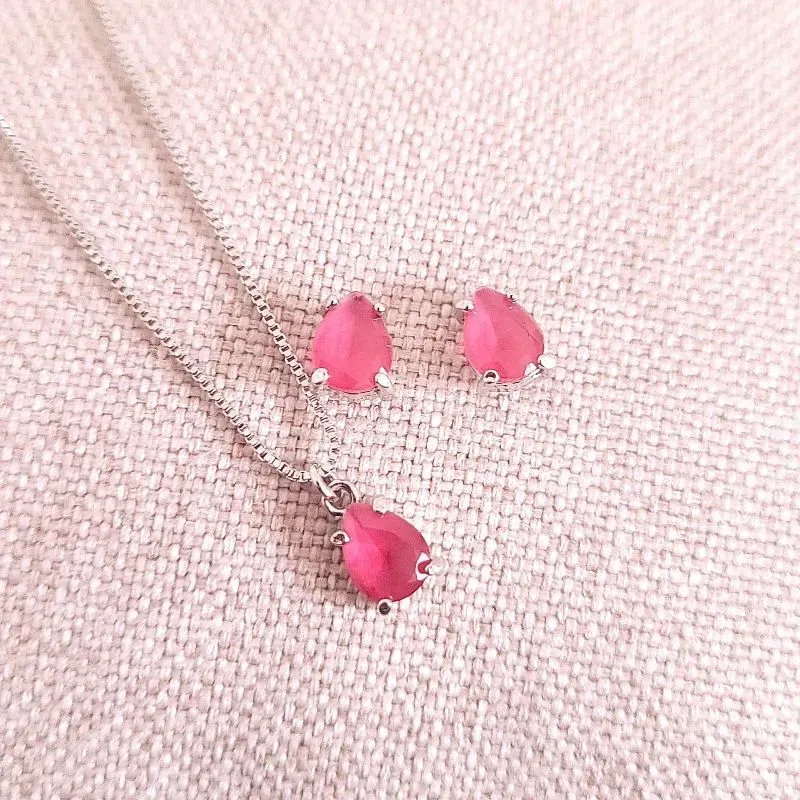 conjunto rodio gota pequena rosa escuro