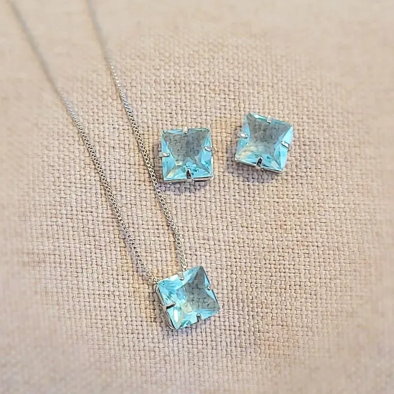 conjunto rodio ponto de luz quadrado grande azul claro
