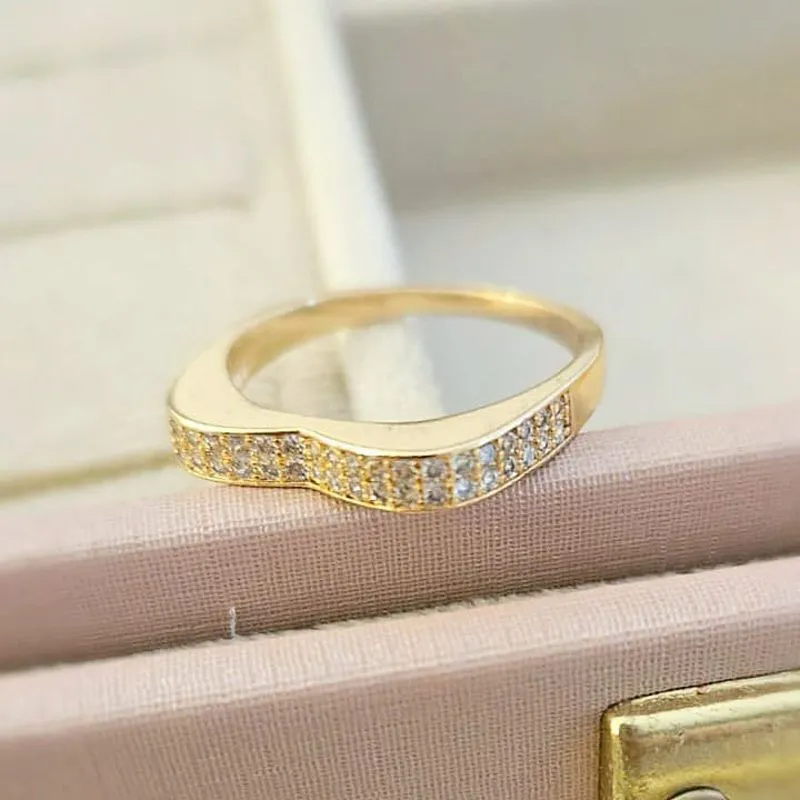 Anel ouro aparador coração 2 fileiras de zircônia cristal