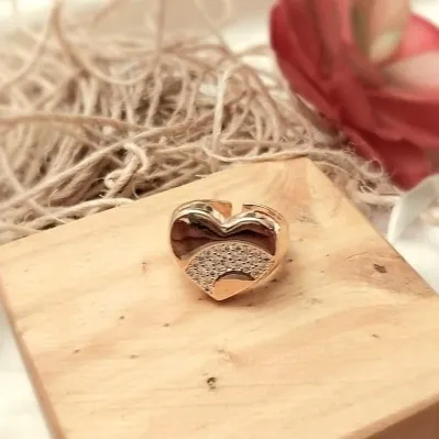 Anel ouro coração grande chapado com micro zirconia regulavel