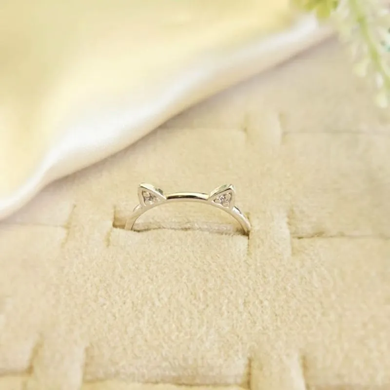 anel prata orelha gatinho com zirconia