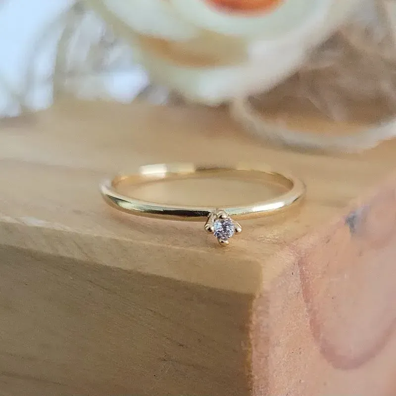 anel ouro mini solitário com aro liso